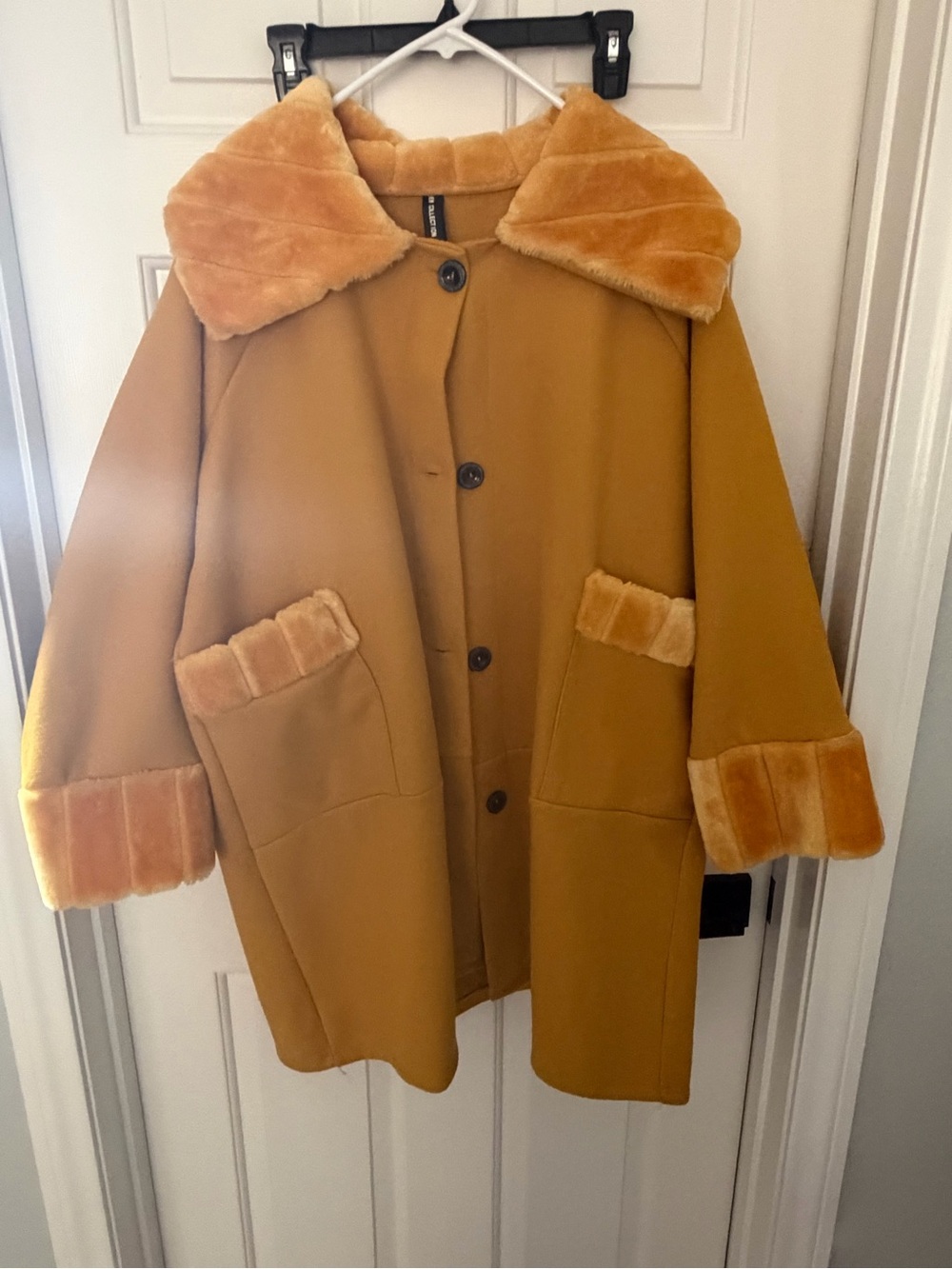 Wool-Blend Mustard Coat with Faux Fur Trim